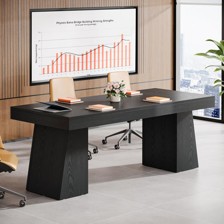 Tribesigns 55.1" W Conference Table for 4-6 People, Modern Meeting Table with Thick Tabletop and Double Trapezoidal Legs, Small Wood Seminar Desk Office Furniture for Conference Room, Black Tribesigns