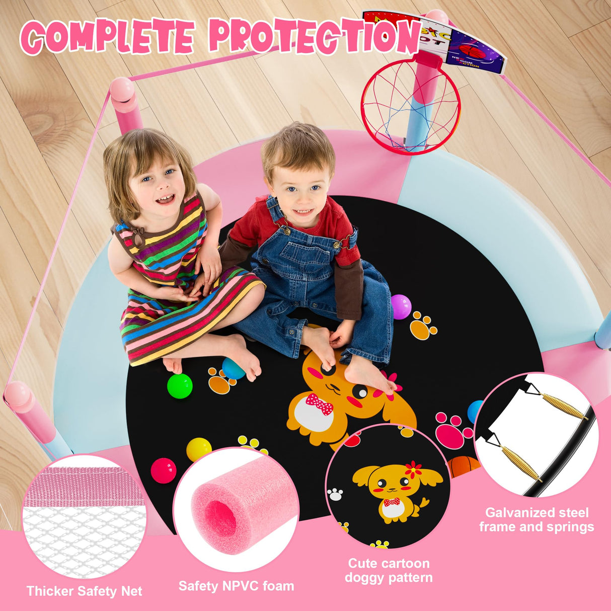 60" Trampoline for Kids, 5 FT Toddler Baby Trampoline with Safety Enclosure Net, Indoor or Outdoor Pink/Blue Small Trampolines with Basketball Hoop, Birthday Gifts for Kids, Gifts for Girl Age 3-8 VGMiu