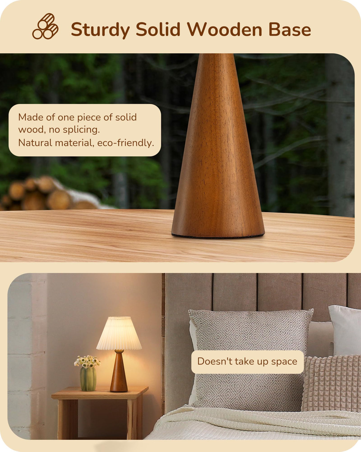EDISHINE 13.58" Small Table Lamp, Wooden Base Nightstand Lamp, White Pleated Lampshade, Space-Saving Modern Bedside Lamp for Nursery Kids Room Bedroom Living Room, E26, ON-Off Button, Dark Rosewood EDISHINE