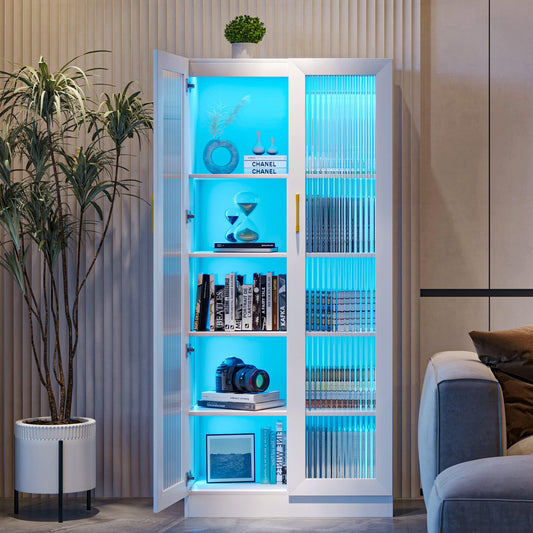 LVSOMT 65" White Display Curio Cabinet with LED Lights and Adjustable Shelves - WoodArtSupply