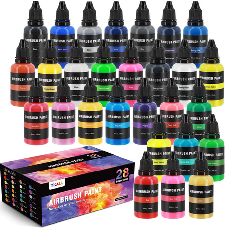 Airbrush Paint Set, 28 Colors Airbrush Paint Water-Based Acrylic 1fl oz, Opaque, Pearl and Neon Colors, Ready to Spray, Leather & Shoe, Premium Paint for Artists, Beginners and DIY Projects Ykall