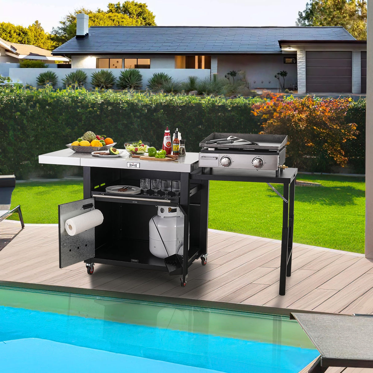 Grill Table,Outdoor Kitchen with Cabinet Outdoor Grill Table with 2 Foldable Side Tables Stainless Steel Top for Outdoor Kitchen Cabinets, Bar Cart, Movable Grill Cart with Pull-Out Plate, L74”x W24” Feasto