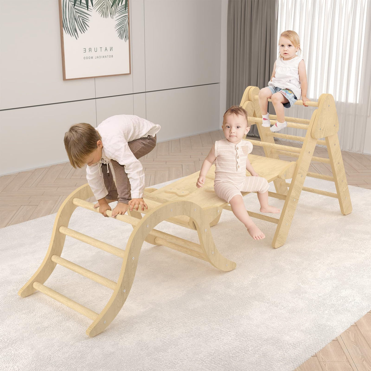 UROSULO Indoor Toddler Climbing Toys, Multifunction Pikler Triangle and Arch with Ramp, Climbing Triangle Arch Playground Set, Montessori Triangle Climbing Toys for Toddlers, Montessori Climbing Toys UROSULO