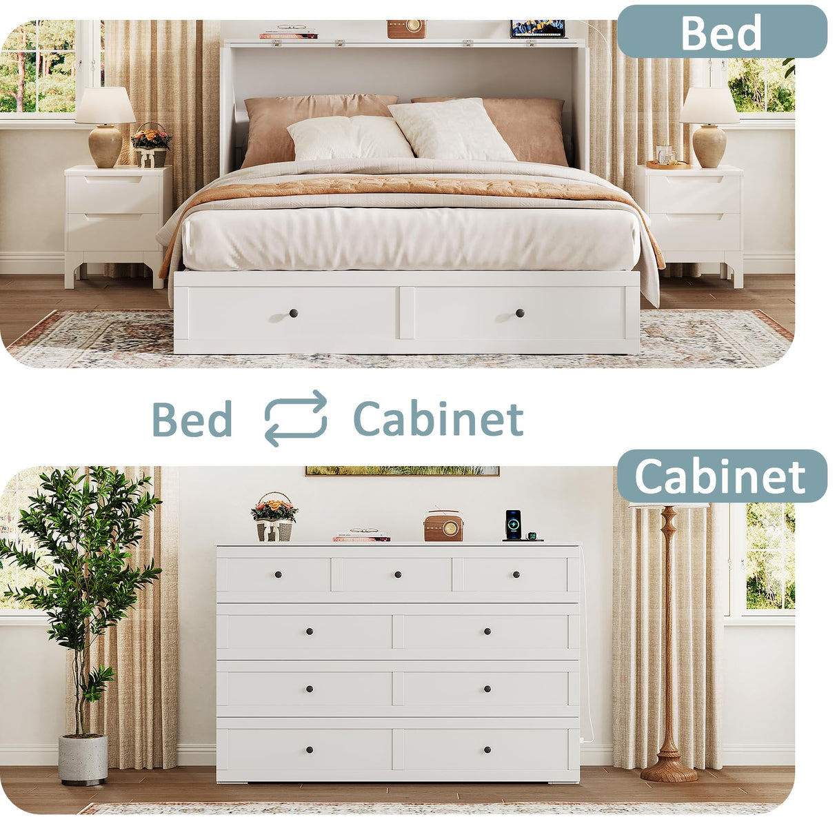 LIVAUVEAD Queen Murphy Bed with Storage & Charging Station, Murphy Cabinet with Foldable Panel, Noisy Free, for Guest Bedroom, Living Room, Office, Distressed White LIVAUVEAD