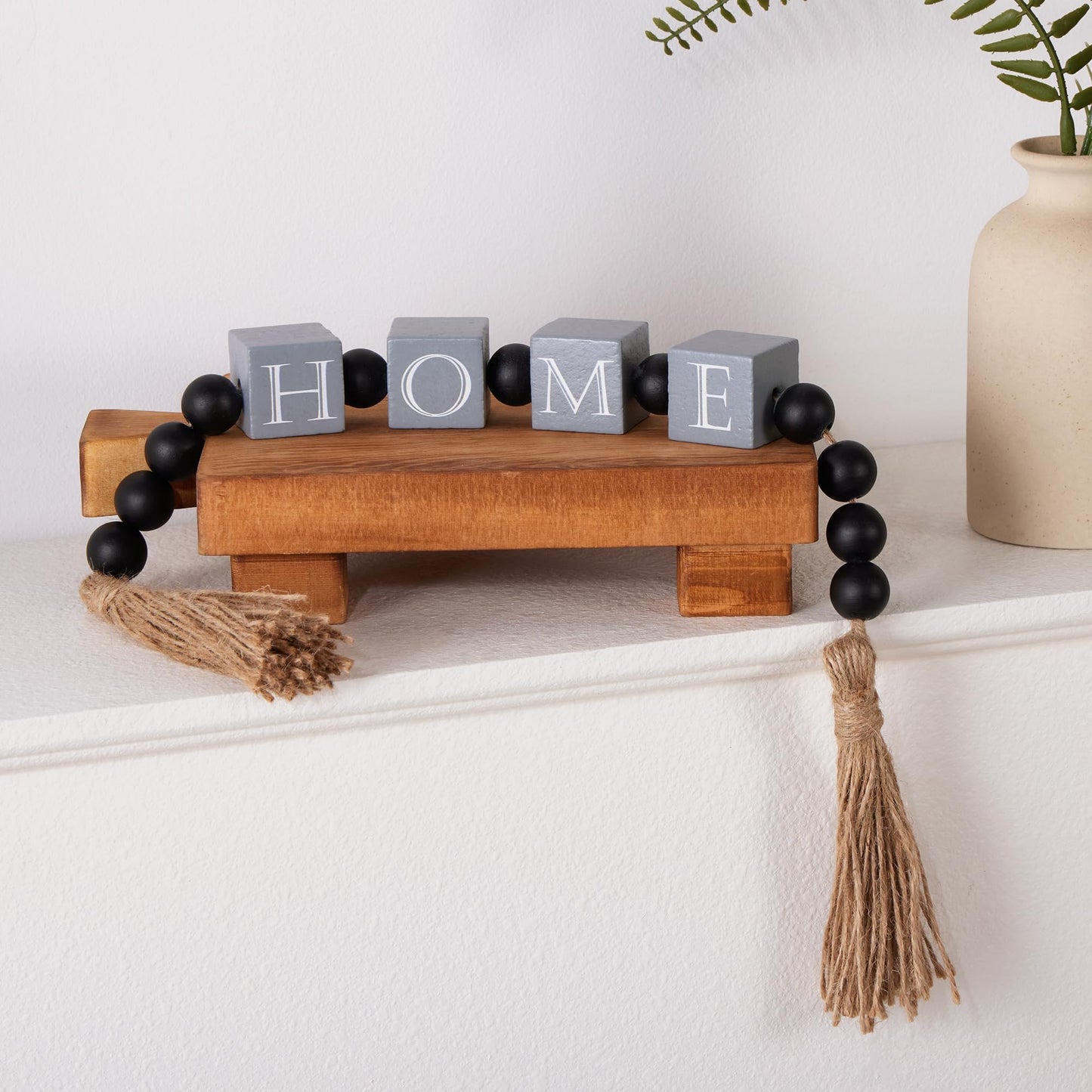 Soonow Wood HOME Sign Block & Bead Garland with Jute Tassel for Home Decor, Modern Farmhouse Decoration for Tabletop, Mantel, Shelf, Tiered Tray Decor (Grey)