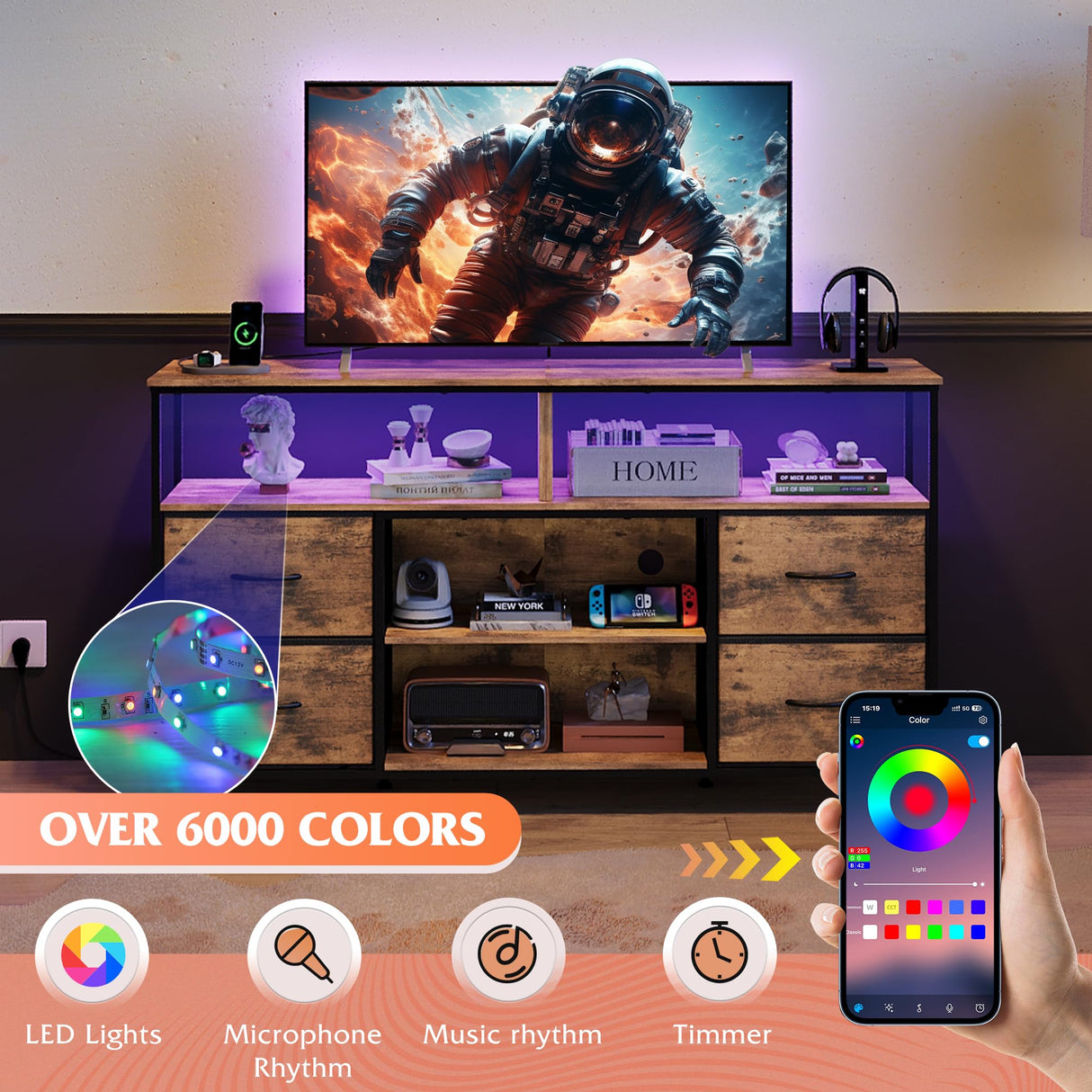 WLIVE TV Stand Dresser for 50,55,60 inch TV, Entertainment Center with LED Lights & Fabric Drawers, Dresser TV Stand for Bedroom and Living Room with Open Shelves, Rustic Brown WLIVE