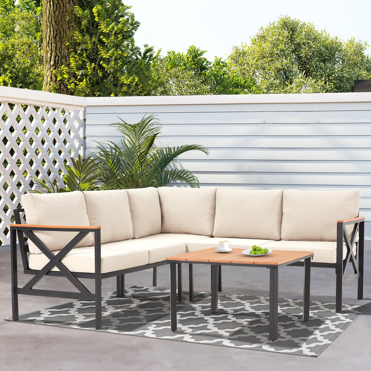 EROMMY 6 Pieces Patio Furniture Sets, Metal Outdoor Sectional Furniture L Shape Patio Conversation Sets with Fauxwood Coffee Table & 6.5" Olefin Cushions for Backyard, Garden, Poolside EROMMY
