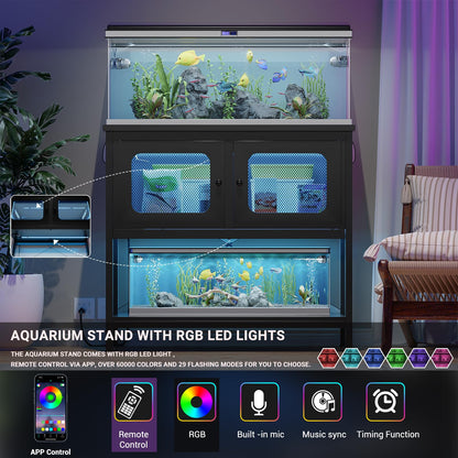 Hyomdeck 40 Gallon Fish Tank Stand with Magic Power Outlets and Smart LED Lights, Aquarium Stand with Storage Cabinet, Reptile Tank Stand with Unique Grid Door Design, Heavy Duty Metal Frame, - WoodArtSupply