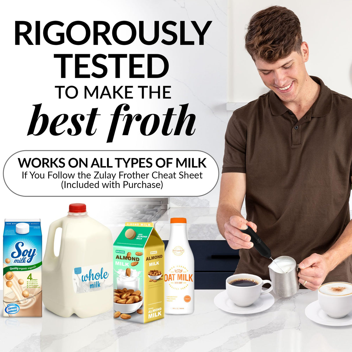 Zulay Kitchen Powerful Milk Frother Wand - Mini Milk Frother Handheld Stainless Steel - Battery Operated Drink Mixer for Coffee, Lattes, Cappuccino, Matcha - Froth Mate Milk Frother Gift - Black Zulay Kitchen