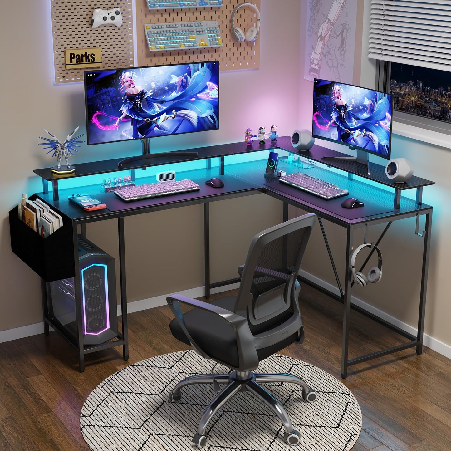 Eivanet L Shaped Gaming Desk with Power Outlets & LED Lights, Computer Desk with Monitor Stand & Storage Shelf, Home Office Desk Corner Desk with Hooks, Easy to Assemble, Black - WoodArtSupply