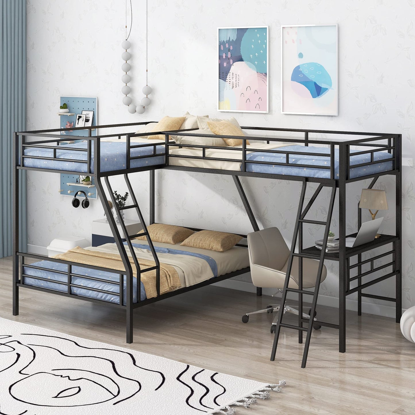 SOFTSEA Twin Over Full Metal Bunk Bed with Desk, L-Shaped Triple Bunk Bed with Ladder and Safety Guardrails, Heavy Duty Metal Bunk Bed Frame, Noise-Free, No Box Spring Needed, Black