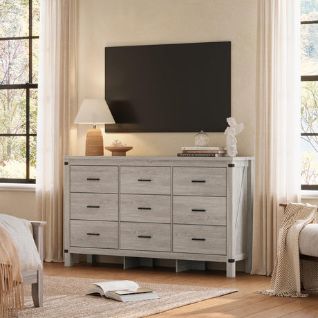 LINSY HOME Dresser for Bedroom with 9 Drawers, 59” Wide Chest with Deep Drawer, Modern Farmhouse Dresser TV Stand with Metal Handles, Wood Storage Cabinet for Closet, Living Room, Hallway, Wash Grey LINSY HOME
