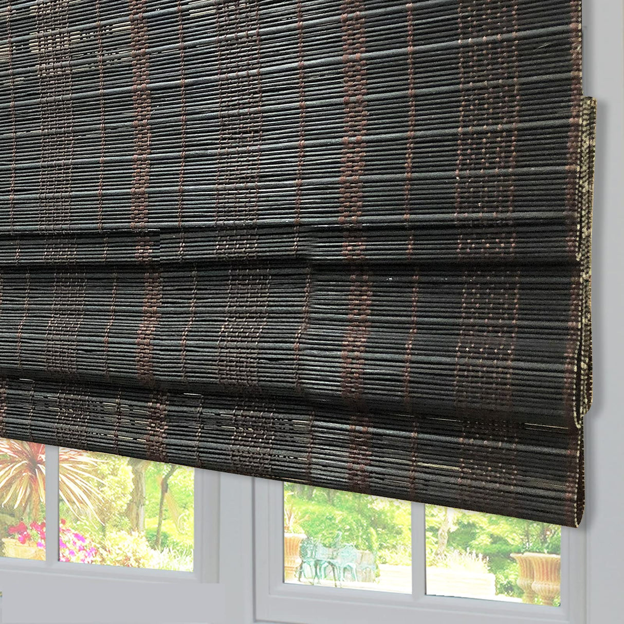 LANTIME Wood Cordless Window Shades, Lined Blackout Bamboo Roman Shades Blinds, JP Black LANTIME