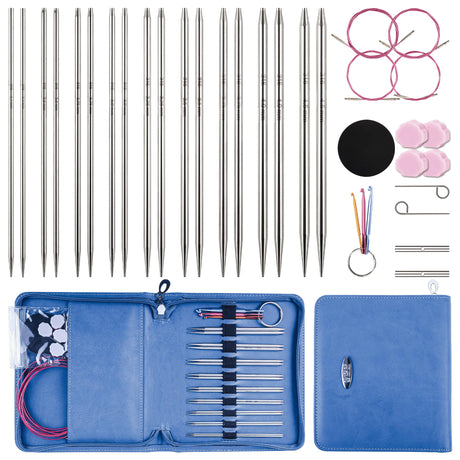 Froggod 4.5-Inch Aluminum Lace Interchangeable Circular Knitting Needle Set, Sizes US 1, 1.5, 2, 2.5, 4, 5, 6, 7 Interchangeable Knitting Needles Lace-Tip with 4 Assorted Cables with Project Bag Froggod