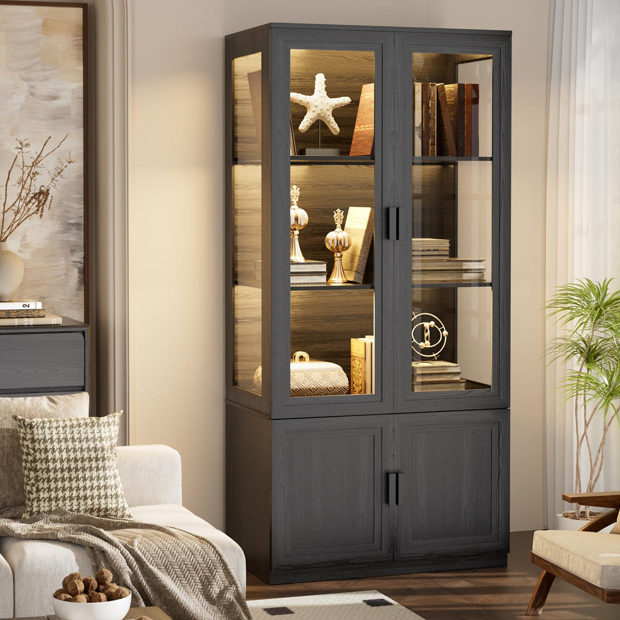 BROTTAR Display Cabinet with Glass Doors, Curio Cabinet with 3 Shelves, Bookcase with LED Lights, Storage Cabinet with Magnetic Lock & Buffer Hinge BROTTAR