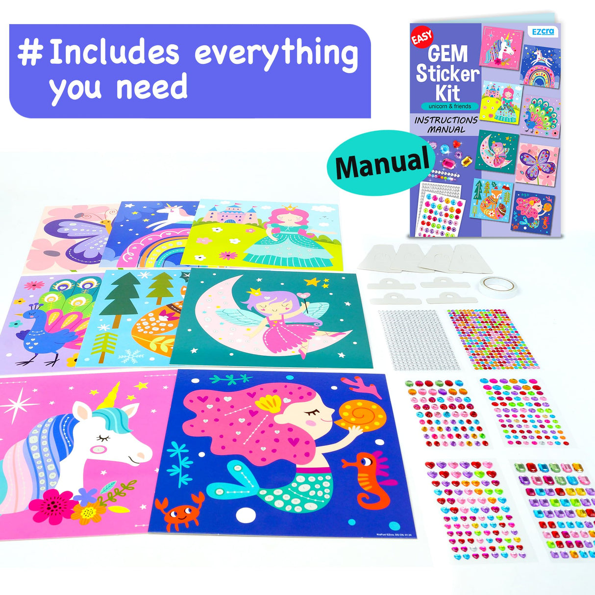 EZCRA Easy Arts and Crafts for Kids - Fun Gem Sticker Kit - 8 Unicorn Princess Themes, 990+ Stickers - Gem Art for Kids - Diamond Art Kits - Gifts for Girls Ages 3-8 EZCRA