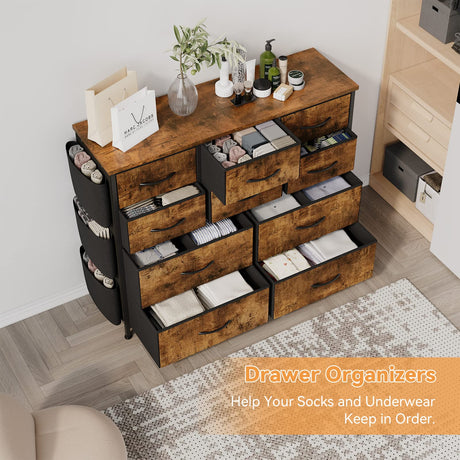 Dresser for Bedroom, 10 Drawers Fabric Storage Drawer, Dressers & Chest of Drawers with Side Pockets, Hooks, Wood Tabletop for Closet, Living Room, Hallway (Rustic Brown) Jojoka