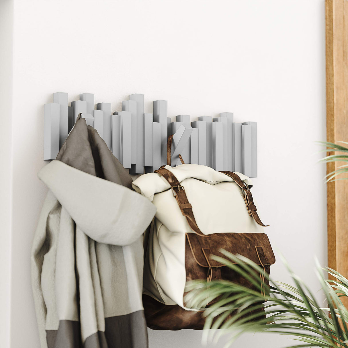 Umbra Sticks Wall-Mounted Coat Rack Rail Hook with 5 Retractable Pegs – Modern, Space-Saving Storage Organizer, Grey Umbra