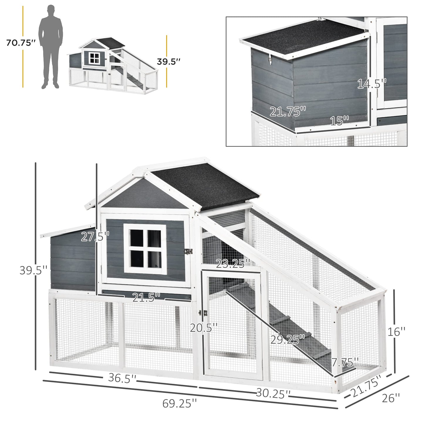 PawHut 69" Wooden Chicken Coop, Poultry Cage Hen House with Connecting Ramp, Removable Tray, Ventilated Window and Nesting Box, White - WoodArtSupply