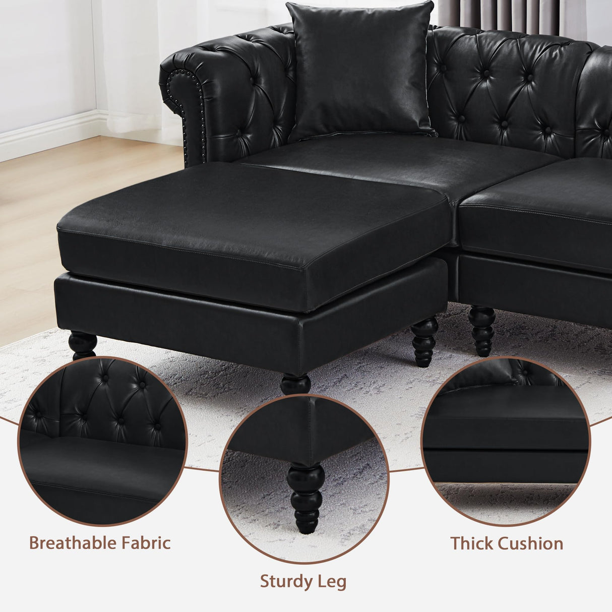 AVZEAR Chesterfield L Shaped Sofa Modular, Sectional Leather Couch with Ottoman and Pillow, Modern Sofa Bed PU Deep Seat Sofas Living Room Furniture Sets for Living Room, Bedroom and Apartment, Black AVZEAR