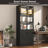 chartustriable 79" Tall Display Cabinet with LED Sensor Light & Pop-up Glass Doors, Modern Bookcase Curio Storage Cabinet for Bedroom, Living Room, Office, Black chartustriable