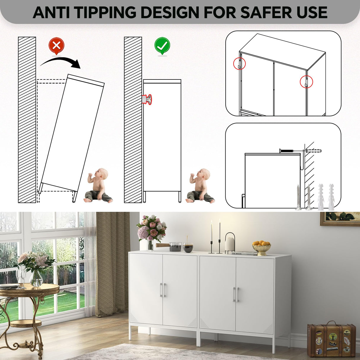 Metal Storage Cabinet with Adjustable Shelves, Steel Buffet Sideboard for Entryway, Living Room, Dining Room, Kitchen, Office, Bar (White) Steehoom