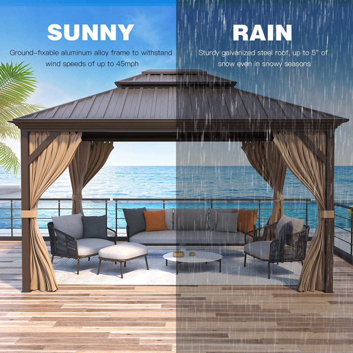 YOLENY 12' x 14' Hardtop Gazebo, Galvanized Steel Metal Double Roof Aluminum Frame Gazebo with Curtain and Netting, Permanent Pavilion Pergola for Outdoor, Patio, Garden, Lawn, Pool Side, Brown YOLENY