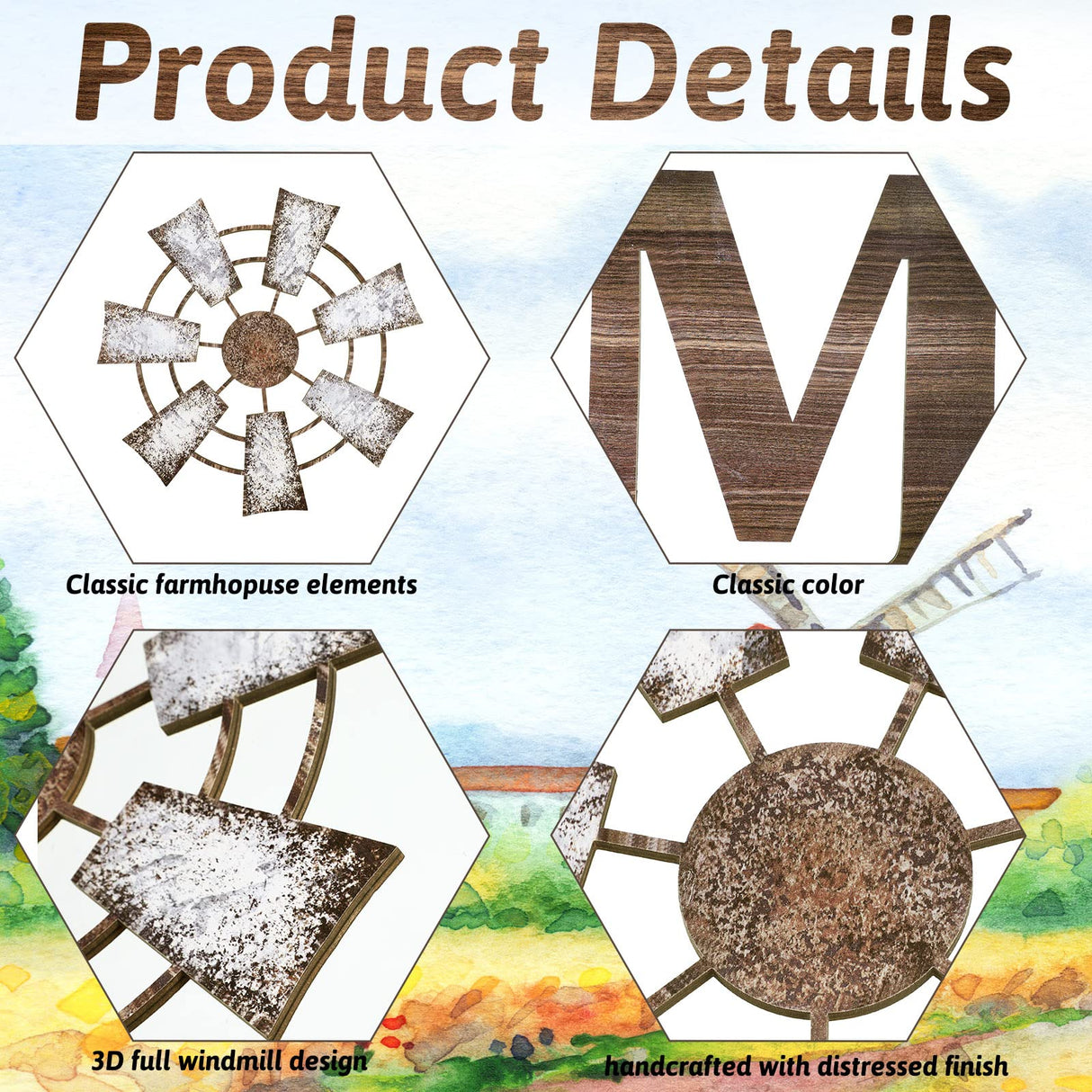 Qunclay 4 Pcs Windmill Wall Decor Wooden Home Letters Decoration Rustic Farmhouse Home Hanging Wood Sign Farmhouse Wall Decor for Living Room Kitchen Bedroom Porch(Brown) Qunclay