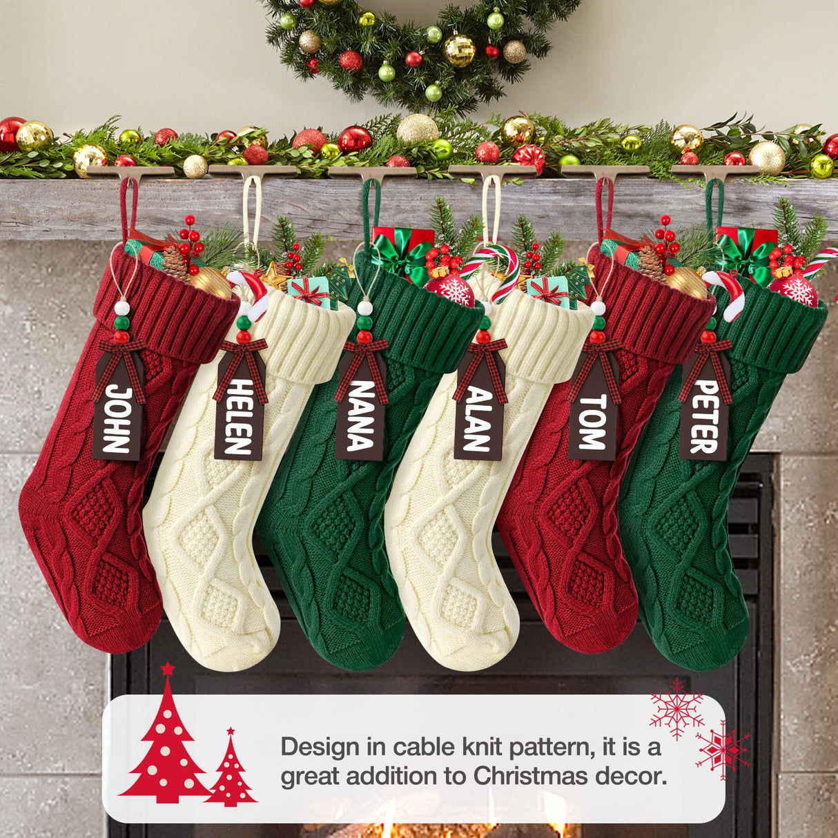 Hommtina Christmas Stockings, Personalized Christmas Stockings 18 Inches Large Size Cable Knitted Stocking Gifts (6pcs White&red&Green) Hommtina