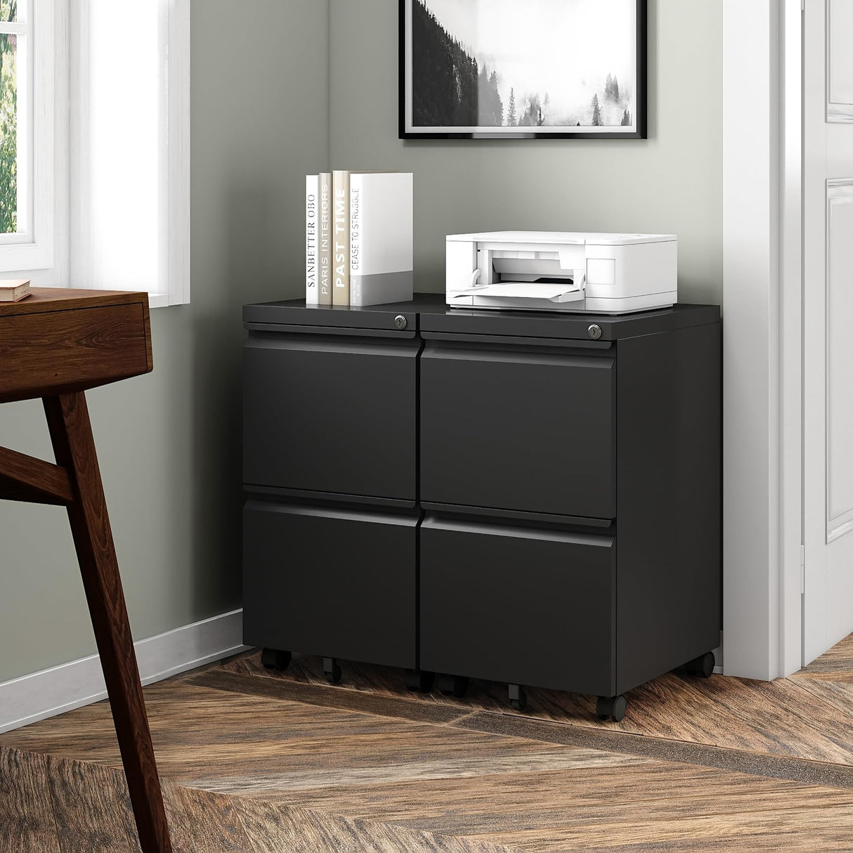 BYNSOE 2 Drawers File Cabinet with Lock Metal Vertical File Cabient with Wheels Mobile File Cabinet for Office Home Legal/Letter/a4 Size (Black, 2 Drawers) BYNSOE