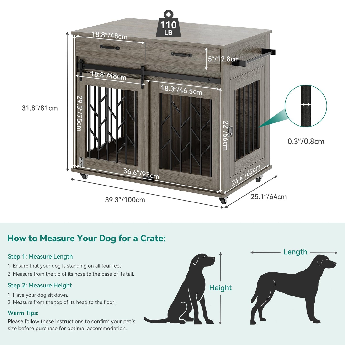 YITAHOME Dog Crate Furniture with Sliding Barn Door, 39" Wooden Dog Kennel Indoor with Storage Drawers, Double Dog Crate for 2 Small Medium Dogs, Grey