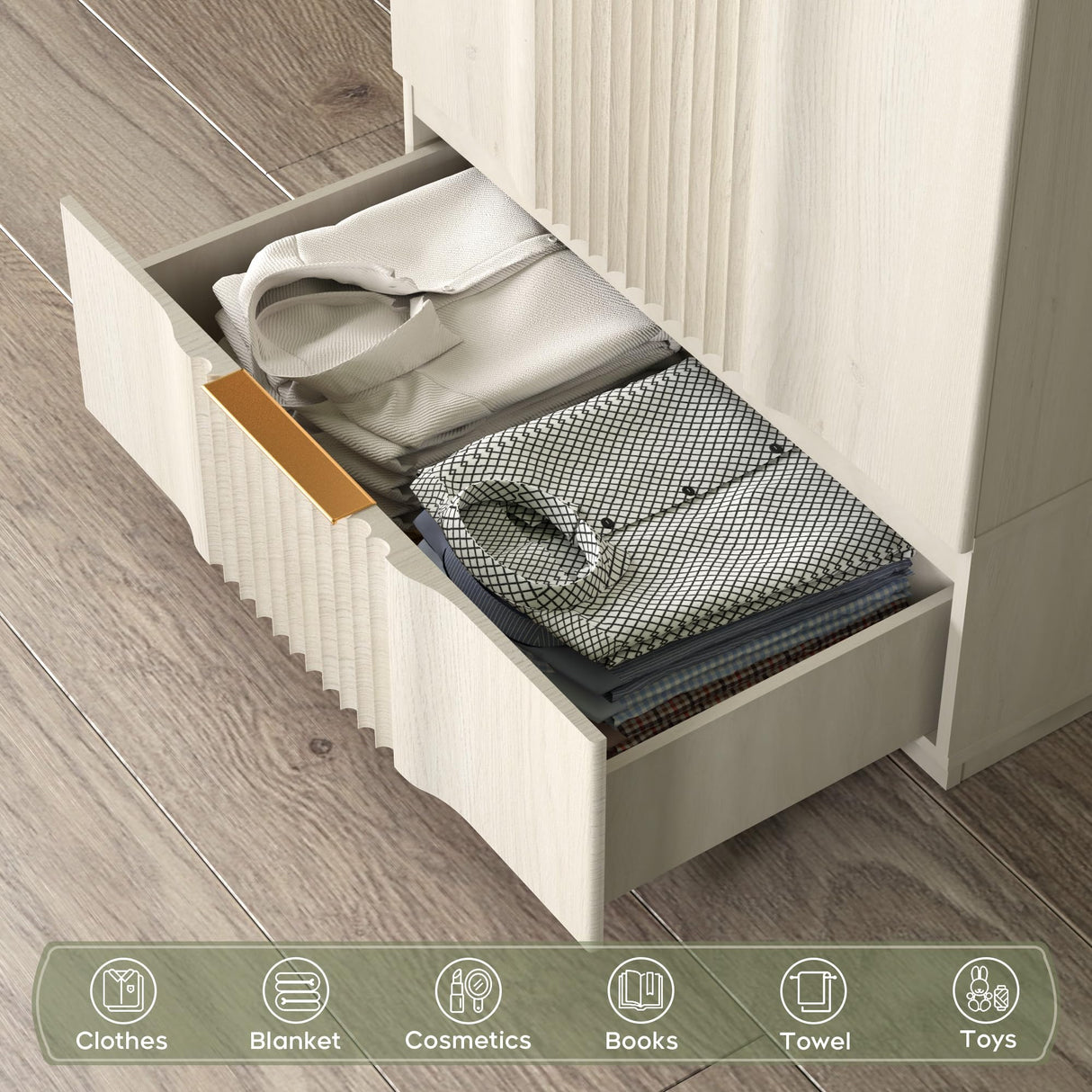 Brafab Armoire Wardrobe Closet, Modern 64.2" Freestanding Closet Wardrobe Cabinet with Drawer and Hanging Rail, Fluted Carved Wooden Storage Cabinet with Shelve for Bedroom, White Brafab