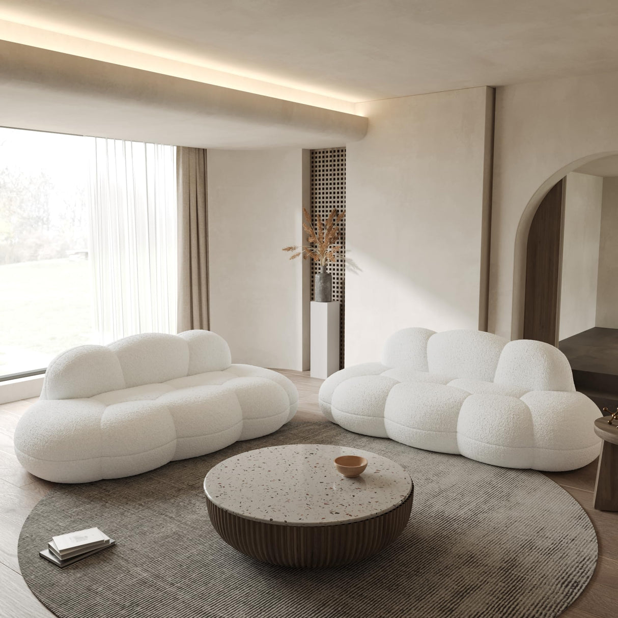 WJShome 90" Modern Curved Couch Cloud Shaped Sofa for Living Room,Lazy Floor Couch, Boucle LoveSofa, Cozy Leisure Boneless Chaise Lounge, Apartment-No Assembly Required(White) WJShome