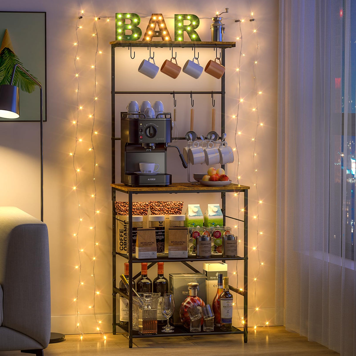 4 Tier Coffee Bar Station, Coffee Stand with 8 S-Shaped Hooks, Large Space Coffee Station Table, Farmhouse Coffee Bar Shelf, Bakers Rack for for Kitchen, Living Room, 24.41" W x 15.78" D x 57.17" H DAOUTIME