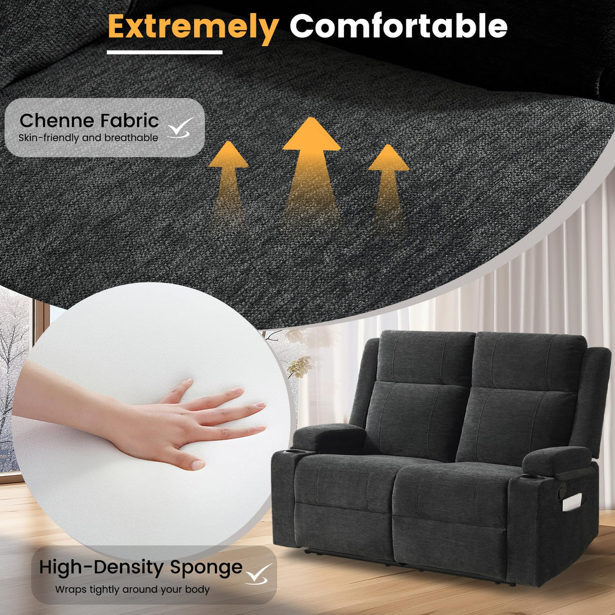 RIHEREFY Loveseat Recliner, Loveseat Sofa with Adjustable Footrest, Wall Hugger Recliner for Living Room & Home Theater & RV(Black) RIHEREFY