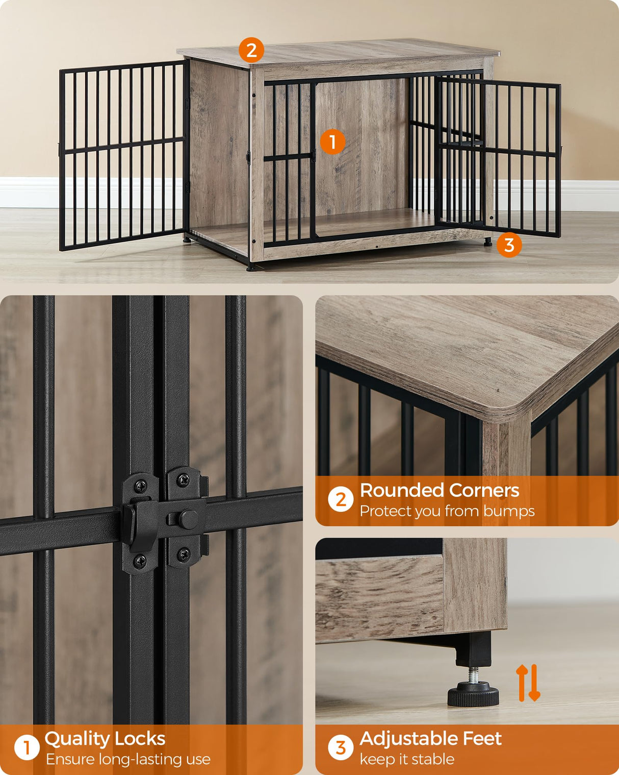 Feandrea Dog Crate Furniture, 38.6" Side End Table, Modern Kennel for Dogs Indoor up to 70 lb, Heavy-Duty Dog Cage with Enclosed Base, Double-Door Dog House, Heather Greige UPFC023G01 Feandrea