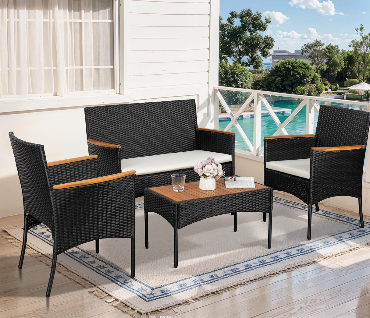 Shintenchi 4-Piece Patio Furniture Set, Outdoor Wicker Patio Conversation Furniture Set with Cushions and Wooden Tabletop for Paito Lawn Backyard, White Cushion Shintenchi