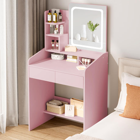 LIVELYGLOW Vanity Desk Set with Square Mirror and Light- Small Vanity Tale with Drawers- Pink LIVELYGLOW