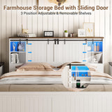 Garvee Farmhouse Full Bed Frame with Storage & Sliding Barn Door, Built-in USB Charging Station, LED Lighting, Noise-Free Design, No Box Spring Needed, Easy Assembly Garvee