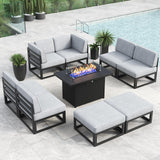 LayinSun Large Aluminum Patio Furniture Set with Fire Pit Table, 9 Pieces Modern Outdoor Conversation Set Sectional Metal Sofa Set with Olefin Cushion LayinSun
