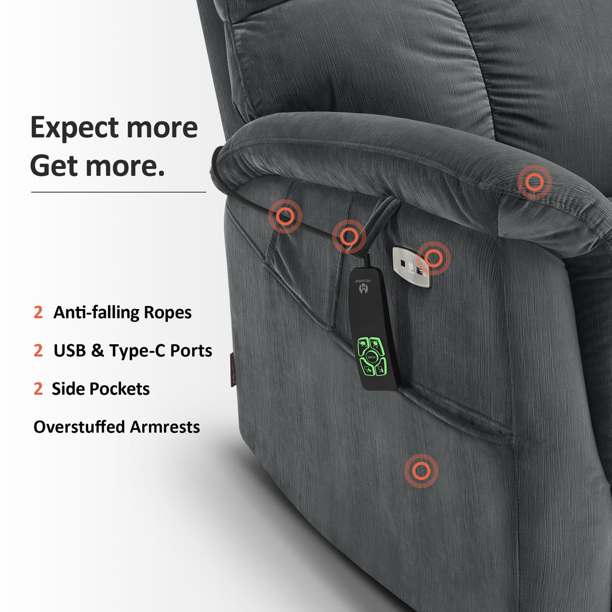 MCombo Large-Wide Dual Motor Power Lift Recliner Chair, Massage and Dual Heating for Elderly People, Infinite Position, Fabric R7166 (Dark Grey) MCombo