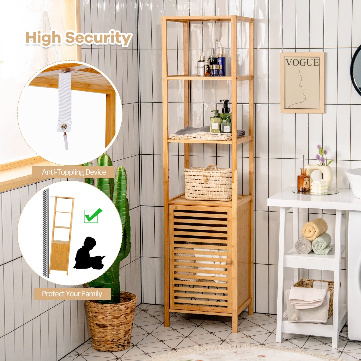 Giantex Bamboo Storage Cabinet, 4-Tier Slim Shelving Unit with Shutter Door & Anti-Toppling Device, Freestanding Tower Corner Rack Floor Cabinet for Bathroom, Living Room, Kitchen, Natural