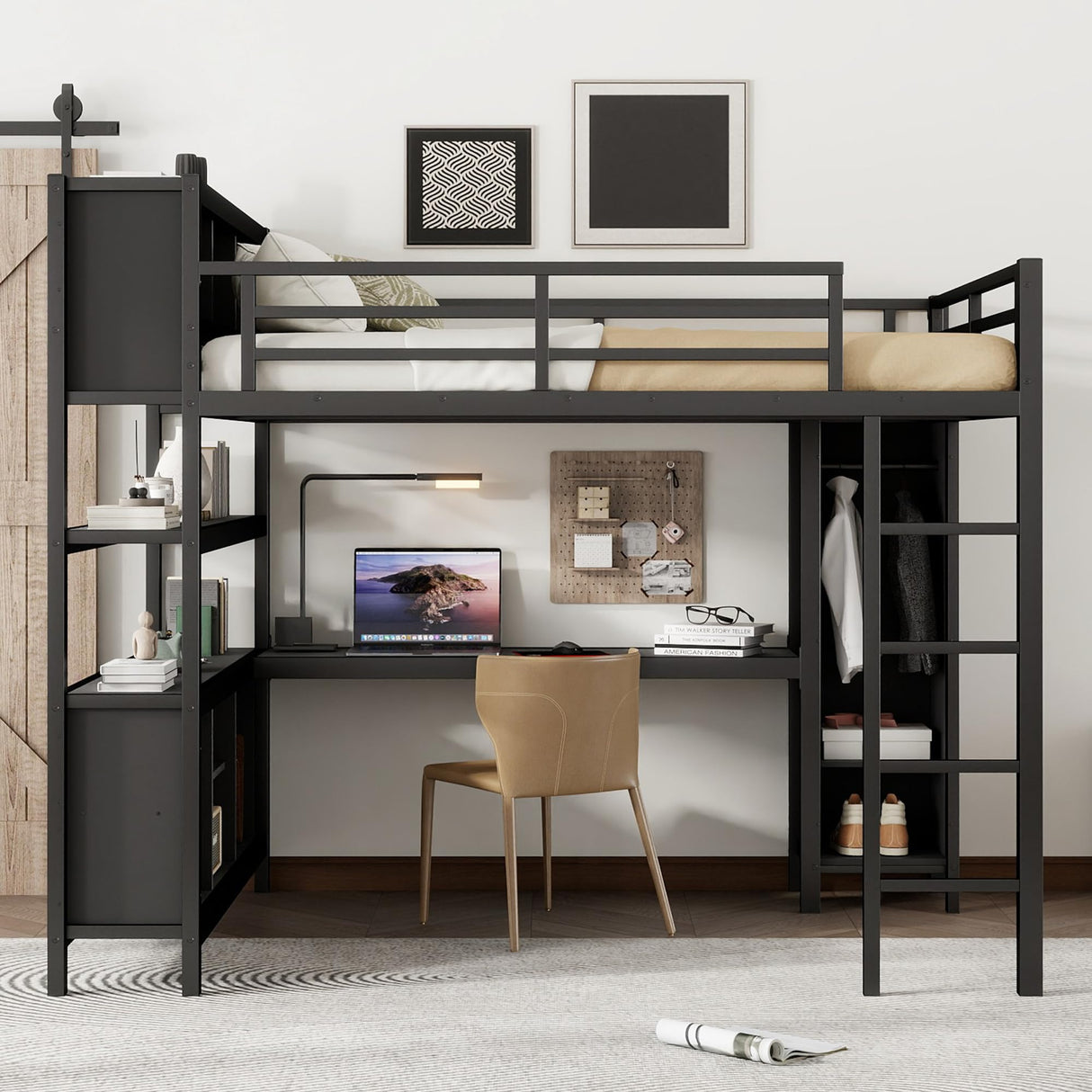 Queen Loft Bed Frame with Wardrobe and Storage Cubes, Queen Size Loft Bed with Desk and Storage Shelf, Heavy Duty Loft Beds with Guardrail, Noise Free Design, Adult Loft Bed Frame, Black Bellemave