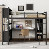 Queen Loft Bed Frame with Wardrobe and Storage Cubes, Queen Size Loft Bed with Desk and Storage Shelf, Heavy Duty Loft Beds with Guardrail, Noise Free Design, Adult Loft Bed Frame, Black Bellemave