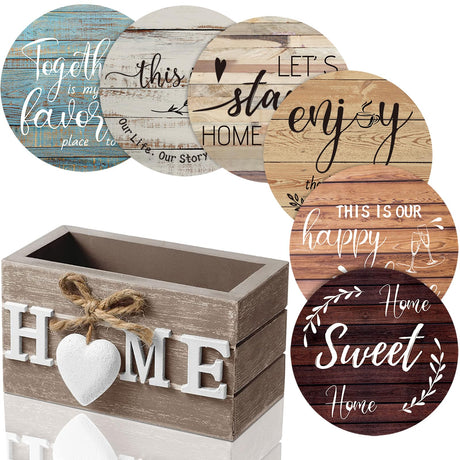 Queekay Housewarming Gifts for Home Decoration Wooden Heart Coasters for Drinks 6 Set Farmhouse Coasters with Holder Funny for Family Coffee Table Protection, 4''(Classic Farmhouse) Queekay
