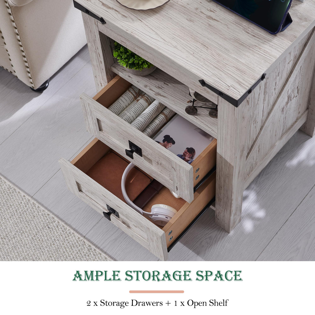 RedLemon Farmhouse Nightstand with Charging Station, Rustic 18 Inch End Table with 2 Storage Drawers and Open Shelf, Wood Sofa Side Table for Bedroom, Living Room (Antique Brush White) RedLemon