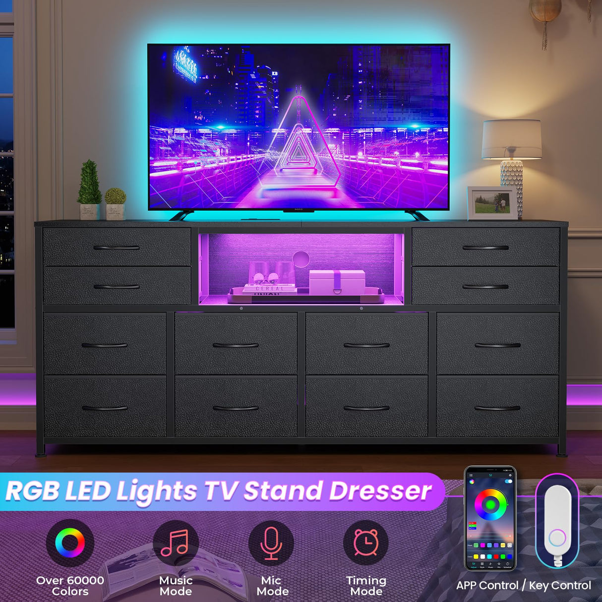 BTHFST LED TV Stand Dresser for Bedroom with Power Outlets, 55 inch Entertainment Center with 12 Drawers, Media Console Table for 32/45/55/60 inch TVs, Chest of Drawers for Bedroom, PU Black BTHFST