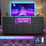 BTHFST LED TV Stand Dresser for Bedroom with Power Outlets, 55 inch Entertainment Center with 12 Drawers, Media Console Table for 32/45/55/60 inch TVs, Chest of Drawers for Bedroom, PU Black BTHFST