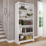 TVU 5-Tier Wooden Book shelf, 65"H × 31.5"W × 9.9“D Bookshelf with Storage, Floor-Standing Display Bookcase, Farmhouse Style Bookshelf with Arched Base, Suitable for Living Room, Study, Office, White TVU