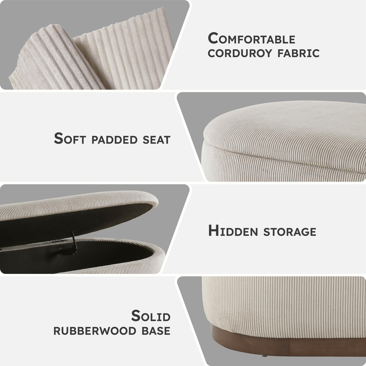 Lexicon Lift Top Storage Bench, Corduroy Fabric Upholstered Oval Entryway Bench, Modern Striped Storage Chest for Entryway/Living Room/Bedroom, Taupe Lexicon